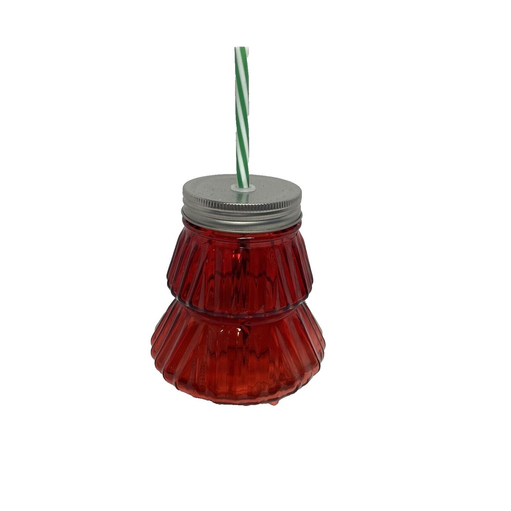 holiday times red glass christmas tree straw cup with‎ lid 22.5 oz